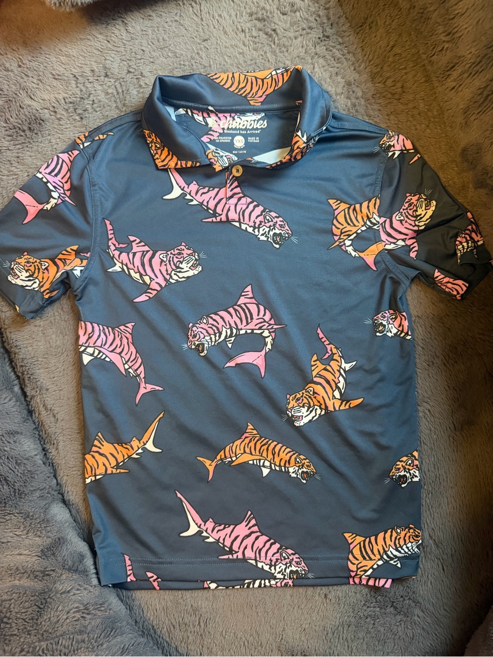 chubbies Navy Polo with Pink & Orange Tiger Print